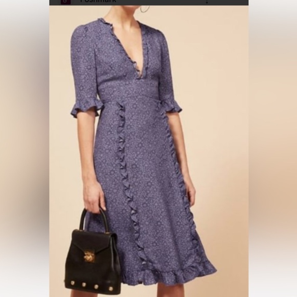 Reformation Periwinkle Floral Ruffle Midi Dress
